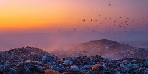 The landfill landscape at sunset with birds soaring above the garbage piles.