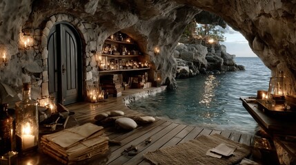 Obraz premium Candlelit pirate hideout built inside a coastal cave with wooden shelves, potions and scrolls, perfect for Talk Like a Pirate Day backgrounds and fantasy world-building assets