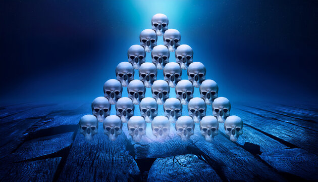 ethereal skull pyramid glowing skulls in a mystical fantasy setting at night