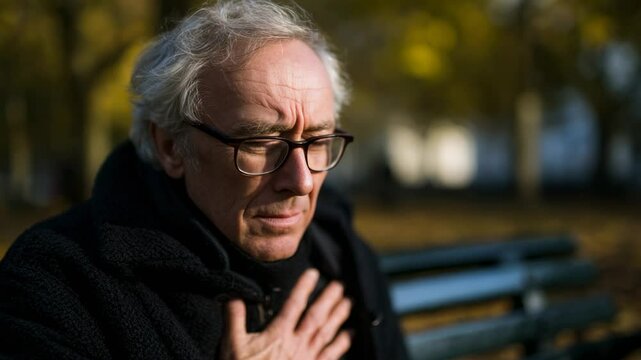 An elderly man sits on a bench in a park and holds his chest with a worried look, an old man suffering from pain and heart failure