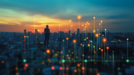 Professional business team working on a project together in the office Using innovation economic growth charts and network connections to accompany the data. in analyzing future trends