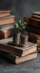 money tree sprouting books coins and bar graphs from roots symbolizing investment education