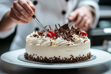 Professional pastry chef using tweezers to carefully position chocolate decorations on a white mousse cake.