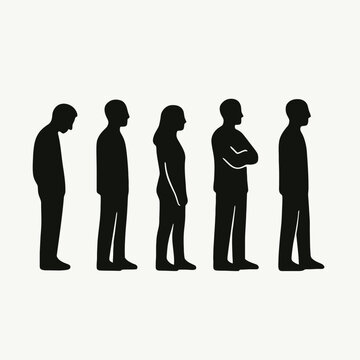 very simple flat and single minimalist Waiting in Line Silhouettes in black on a white background