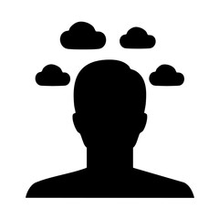 a black silhouette of a person with clouds above their head, representing thoughts and ideas concept