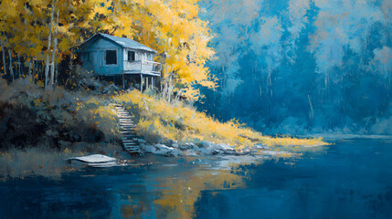 Warm autumn foliage balanced with cool blues and grays for depth

