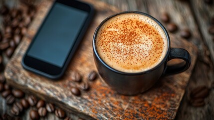 Aromatic coffee in a dark mug, alongside a phone on a rustic board