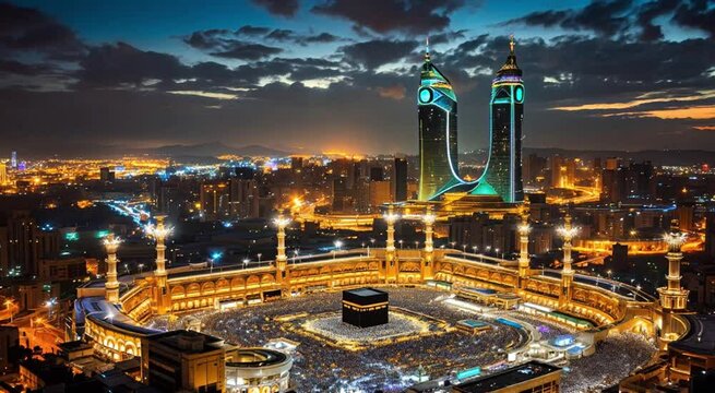 A breathtaking 4K night-time aerial view of the Grand Mosque in Makkah (Masjid al-Haram), with the illuminated Kaaba surrounded by worshippers and the stunning skyline of Mecca in the background, capt