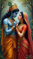 Obraz premium Photorealistic Krishna and Radha Embracing with Warm Natural Light and Detailed Textures