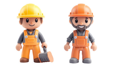 Fototapeta premium Cute cartoon construction workers with hard hats and orange overalls isolated on transparent background.