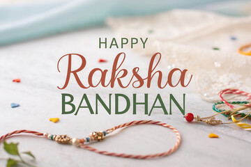 Minimal Happy Raksha Bandhan Greeting with Elegant Rakhi on Soft Pastel Background – Flat Lay Concept 2025
