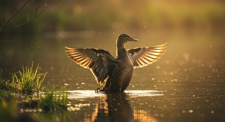 Obraz premium A duck with outstretched wings, bathed in golden sunlight, on a tranquil lake