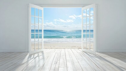 White room, open doors to beach