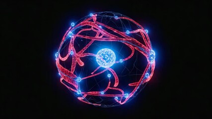 3D animation of a complex glowing cell structure showcasing biological networks, molecular interaction, and advanced microscopic biomedical visualization. - Powered by Adobe