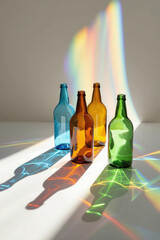 Colorful glass bottles with rainbow light refraction on white surface
