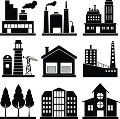Fototapeta premium Black and White Factory Building Icons Set Vector Illustration Industrial Architecture