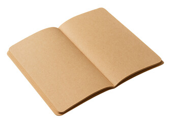 Open blank kraft paper notebook lies flat, showcasing its simple and eco friendly design. pages are unlined, inviting creativity and personal expression