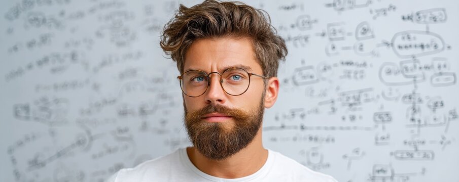 A man with glasses and a beard stands in front of a whiteboard filled with complex mathematical formulas and diagrams.