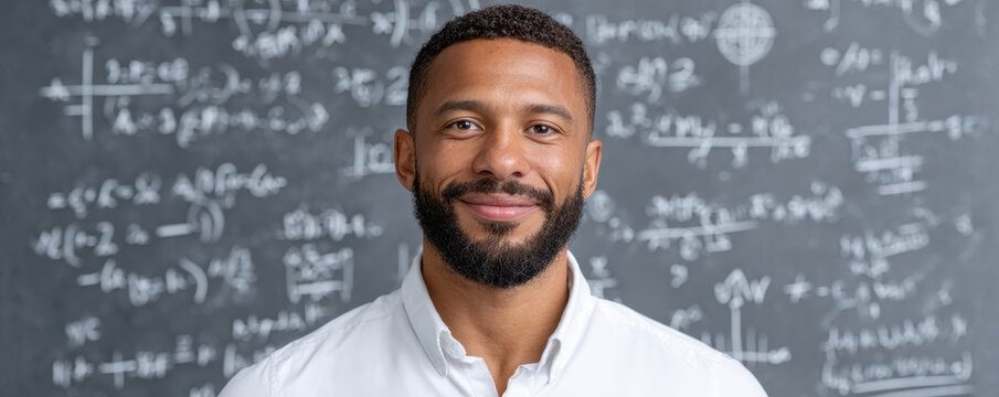 A confident man stands in front of a blackboard filled with complex mathematical equations and formulas.