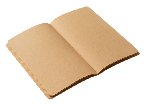 Open blank kraft paper notebook lies flat, showcasing its simple and eco friendly design. pages are unlined, inviting creativity and personal expression