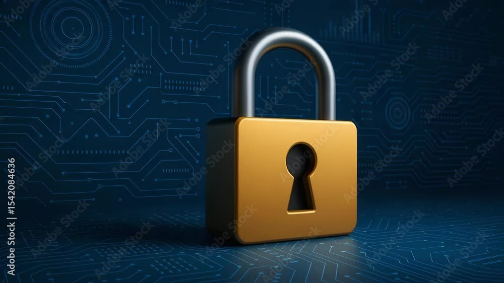 Poster this image features a golden padlock against a backdrop of digital circuitry, symbolizing security a
