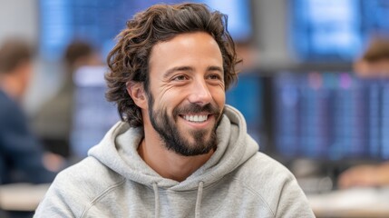 A smiling man with curly hair and a beard wearing a light gray hoodie, sitting in a casual indoor setting with blurred background figures.