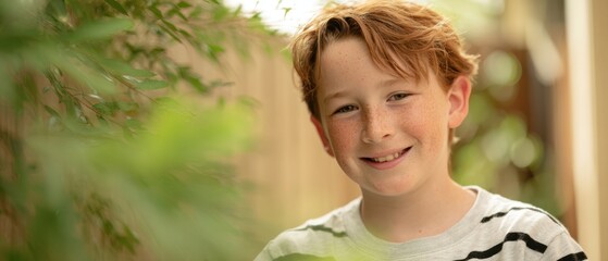 The young boy smiling amidst lush greenery in a bright outdoor setting.