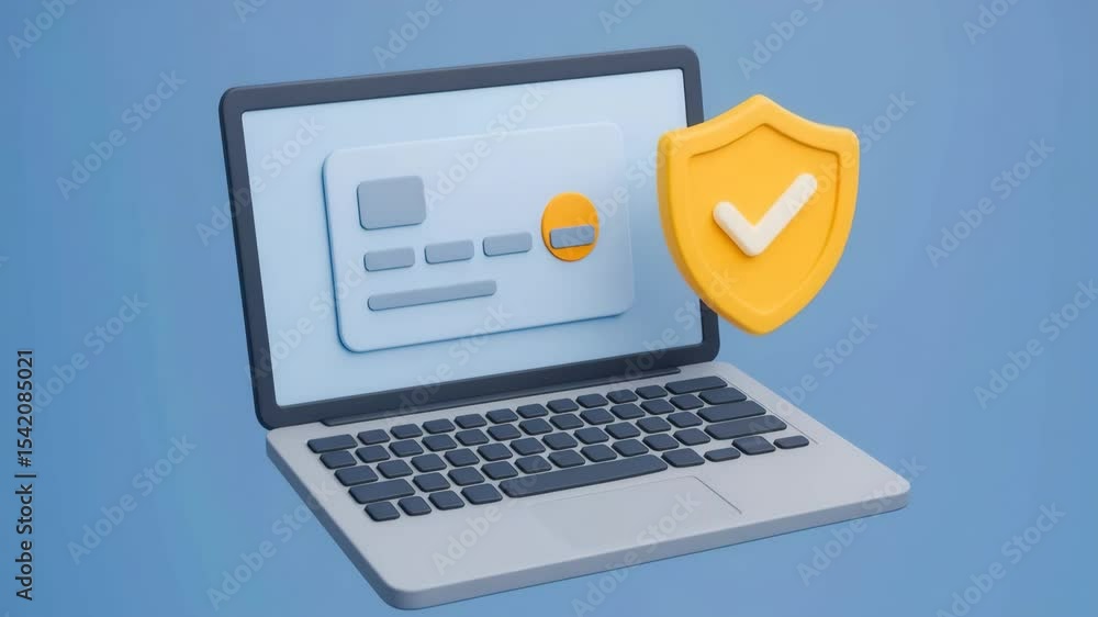 Poster a modern laptop displaying a secure online payment system. featuring a credit card and a shield icon