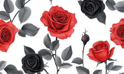 Red and black roses with leaves seamless pattern isolated on transparent background.