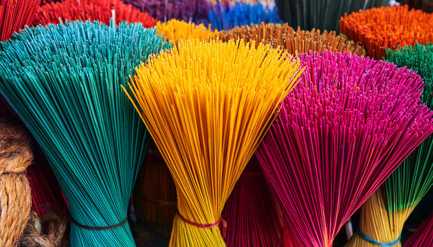 colorful incense sticks on a market stall in india agarbatti used for religious rituals in asia workship of hinduism buddhism and jainism