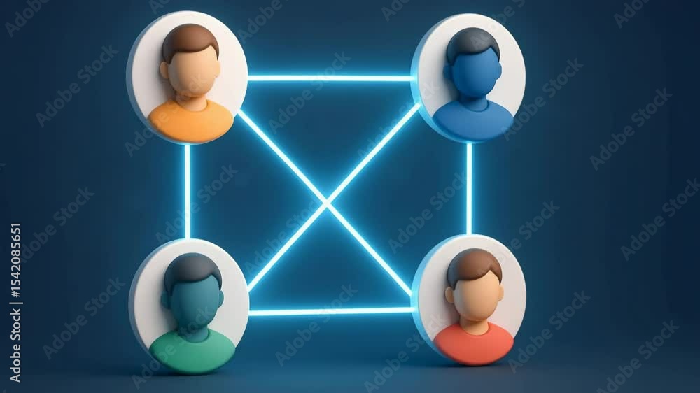 Poster An abstract digital illustration depicting four interconnected users, symbolizing collaboration and teamwork in a business environment with glowing lines and modern design.