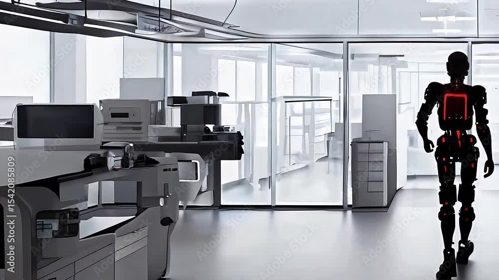 Poster advanced cyborg navigating a high tech laboratory, showcasing the integration of robotics and artifi