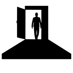 a silhouette of a man walking through an open door, representing business opportunity and success ahead