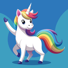 Cheerful cartoon unicorn with rainbow and colorful design elements