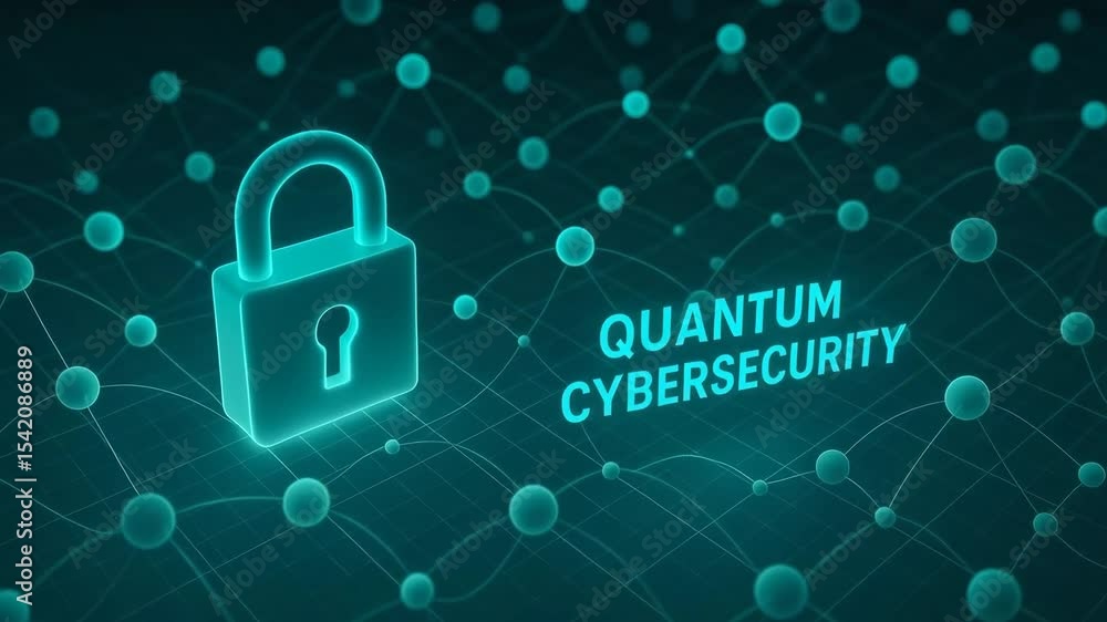 Poster a visually striking representation of quantum cybersecurity, featuring a digital padlock and a netwo