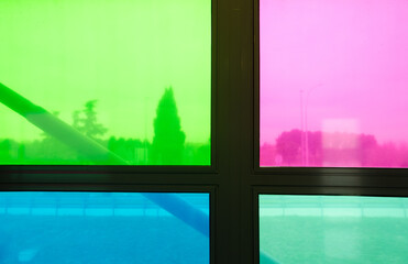 Stained glass with views to the exterior. Adolfo Suarez Madrid-Barajas Airport. Madrid. Spain.