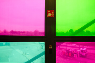 Stained glass with views to the exterior. Adolfo Suarez Madrid-Barajas Airport. Madrid. Spain.
