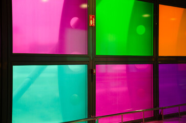 Stained glass in a corridor at Adolfo Suarez Madrid-Barajas Airport. Madrid. Spain.