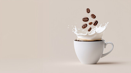 Coffee Symphony: A stunning capture of coffee beans cascade gracefully into a cup, splashing cream in mid-air, with a neutral background that sets a calming and focused mood.