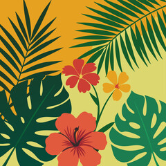 Tropical Flowers and Palm Leaves – Summer Exotic Floral Vector