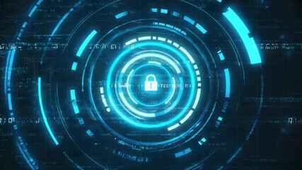 Futuristic animation showcasing a digital lock symbol within a secure interface, representing cybersecurity, data protection, and encrypted access. - Powered by Adobe