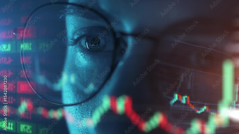 Poster trader wearing glasses is working on laptop computer. screen with stock market charts and bitcoin bt