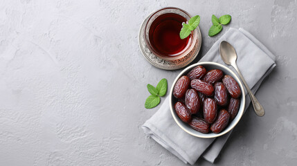 Dates and Tea: A bowl of succulent dates and a cup of aromatic tea are presented together, creating a scene of simple elegance and serenity.