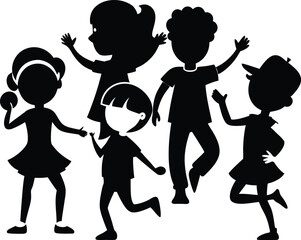 Silhouette of Children Playing: Kids Vector Illustration, Black and White Clip Art