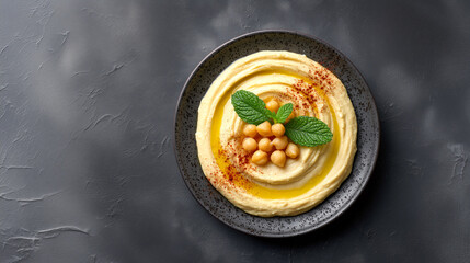 Hummus Platter: A vibrant and appetizing hummus dish, adorned with fresh chickpeas, a drizzle of olive oil, and a sprig of mint, offers a flavorful experience on a textured plate.