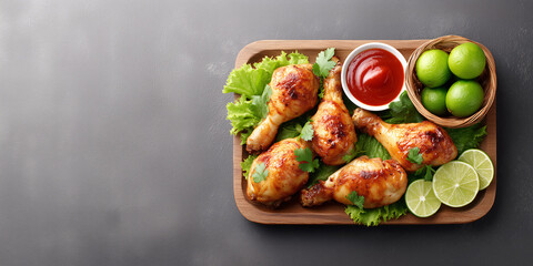 Savory Chicken Platter: A tantalizing overhead view of a perfectly plated meal, featuring golden-brown chicken drumsticks, vibrant green limes, and a delectable side of sauce.