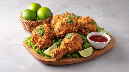 Golden Fried Chicken Feast: A mouthwatering display of golden-brown fried chicken, arranged artistically alongside fresh limes and a basket of limes.