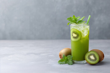 Kiwi Refreshment: A vibrant and refreshing kiwi drink, garnished with fresh mint, sits invitingly on a modern surface, showcasing its natural ingredients and refreshing appeal.