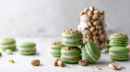 Green Pistachio Macarons: A close-up shot of vibrant green macarons, each adorned with finely chopped pistachios, create a captivating composition alongside a jar filled with whole pistachios.