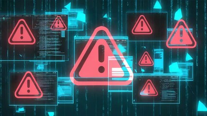 Digital animation illustrating a cybersecurity breach with warning signs, code windows, and data vulnerability in a futuristic virtual environment. - Powered by Adobe